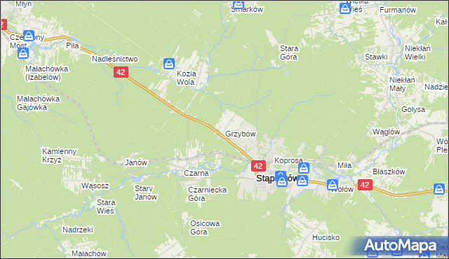 mapa Grzybów gmina Stąporków, Grzybów gmina Stąporków na mapie Targeo