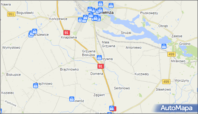 mapa Grzywna gmina Chełmża, Grzywna gmina Chełmża na mapie Targeo