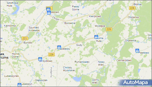 mapa Guzy gmina Nowa Karczma, Guzy gmina Nowa Karczma na mapie Targeo