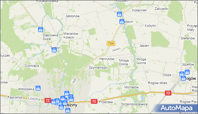mapa Henryków gmina Brzeziny, Henryków gmina Brzeziny na mapie Targeo