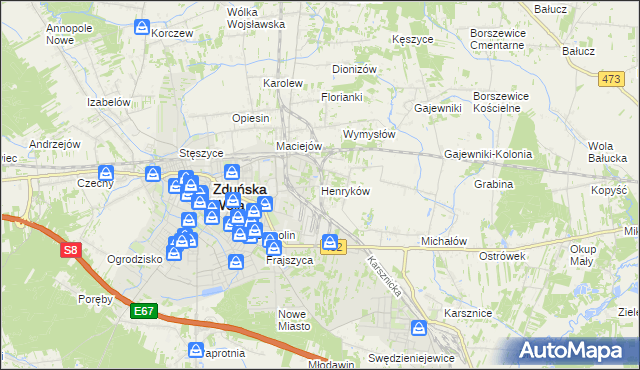 mapa Henryków gmina Zduńska Wola, Henryków gmina Zduńska Wola na mapie Targeo