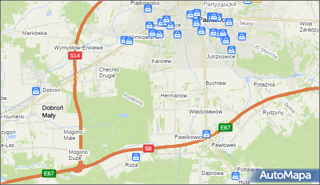 mapa Hermanów gmina Pabianice, Hermanów gmina Pabianice na mapie Targeo