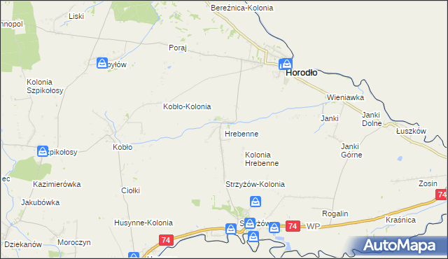 mapa Hrebenne gmina Horodło, Hrebenne gmina Horodło na mapie Targeo