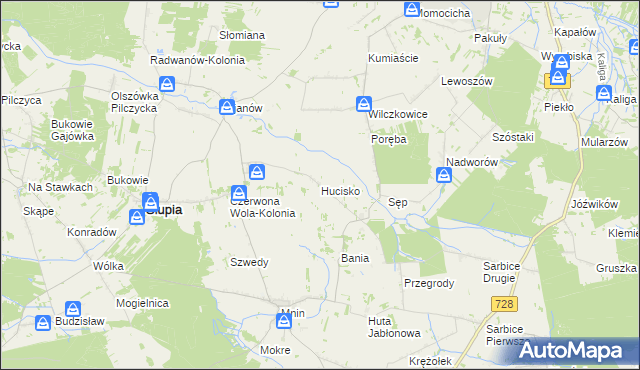 mapa Hucisko gmina Słupia Konecka, Hucisko gmina Słupia Konecka na mapie Targeo