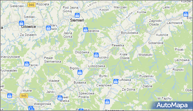 mapa Hucisko gmina Stryszawa, Hucisko gmina Stryszawa na mapie Targeo