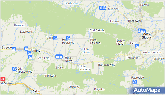 mapa Huta Stara gmina Bieliny, Huta Stara gmina Bieliny na mapie Targeo