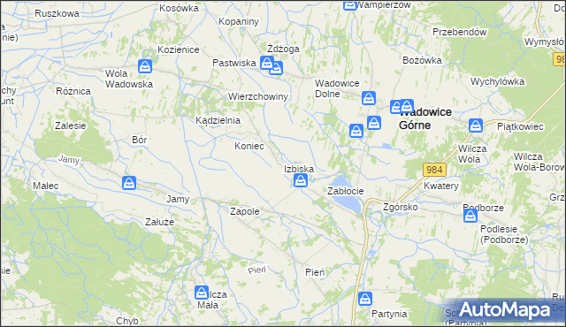 mapa Izbiska gmina Wadowice Górne, Izbiska gmina Wadowice Górne na mapie Targeo