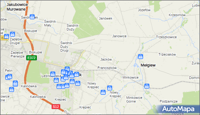 mapa Jacków gmina Mełgiew, Jacków gmina Mełgiew na mapie Targeo