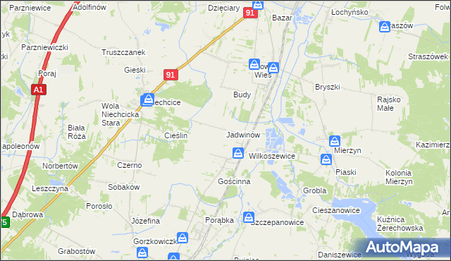 mapa Jadwinów gmina Gorzkowice, Jadwinów gmina Gorzkowice na mapie Targeo