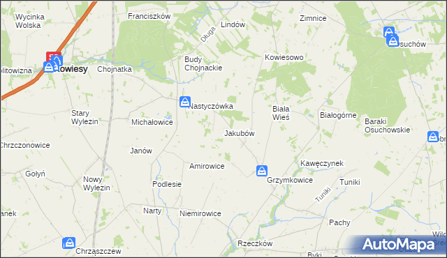 mapa Jakubów gmina Kowiesy, Jakubów gmina Kowiesy na mapie Targeo