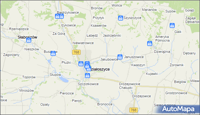 mapa Jakubowice gmina Działoszyce, Jakubowice gmina Działoszyce na mapie Targeo