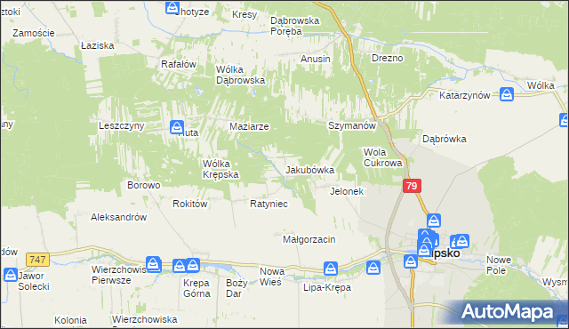 mapa Jakubówka gmina Lipsko, Jakubówka gmina Lipsko na mapie Targeo