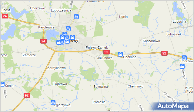 mapa Jakubowo gmina Pniewy, Jakubowo gmina Pniewy na mapie Targeo