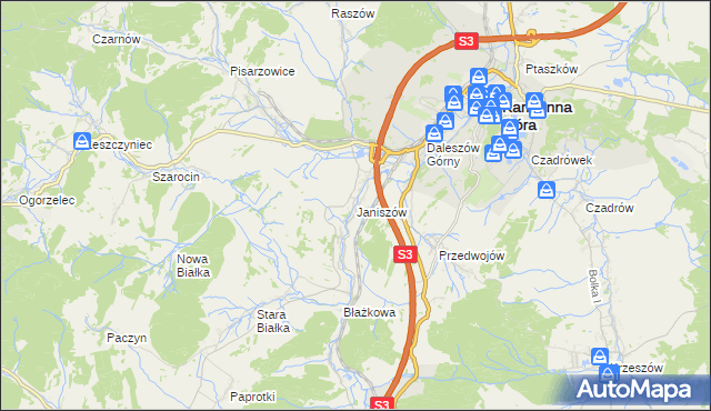 mapa Janiszów gmina Kamienna Góra, Janiszów gmina Kamienna Góra na mapie Targeo