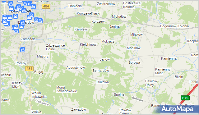 mapa Janów gmina Bełchatów, Janów gmina Bełchatów na mapie Targeo