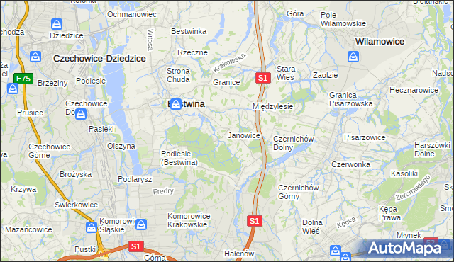 mapa Janowice gmina Bestwina, Janowice gmina Bestwina na mapie Targeo