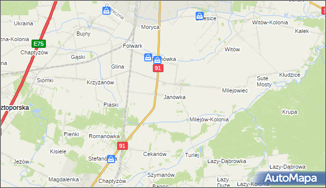 mapa Janówka gmina Rozprza, Janówka gmina Rozprza na mapie Targeo