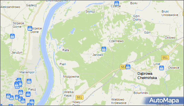 mapa Janowo gmina Dąbrowa Chełmińska, Janowo gmina Dąbrowa Chełmińska na mapie Targeo