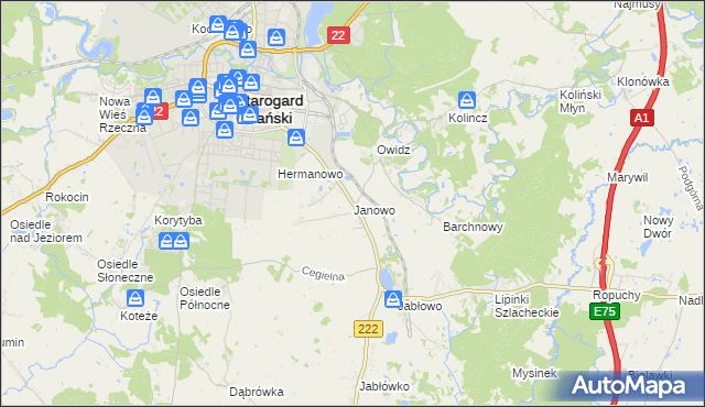 mapa Janowo gmina Starogard Gdański, Janowo gmina Starogard Gdański na mapie Targeo