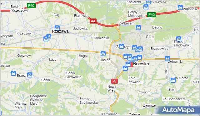 mapa Jasień gmina Brzesko, Jasień gmina Brzesko na mapie Targeo