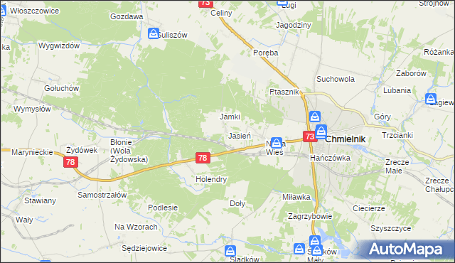 mapa Jasień gmina Chmielnik, Jasień gmina Chmielnik na mapie Targeo