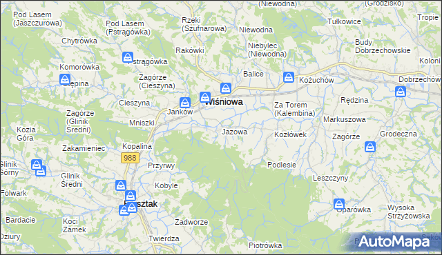 mapa Jazowa gmina Wiśniowa, Jazowa gmina Wiśniowa na mapie Targeo