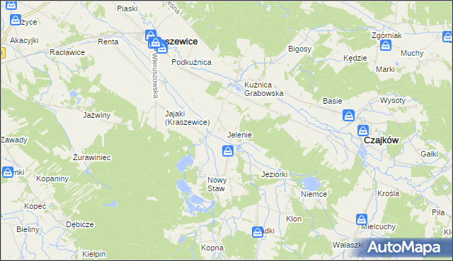mapa Jelenie gmina Kraszewice, Jelenie gmina Kraszewice na mapie Targeo