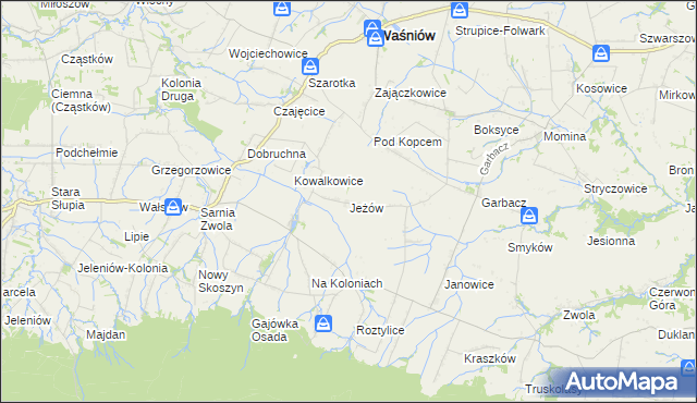 mapa Jeżów gmina Waśniów, Jeżów gmina Waśniów na mapie Targeo