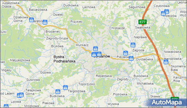 mapa Jordanów powiat suski, Jordanów powiat suski na mapie Targeo