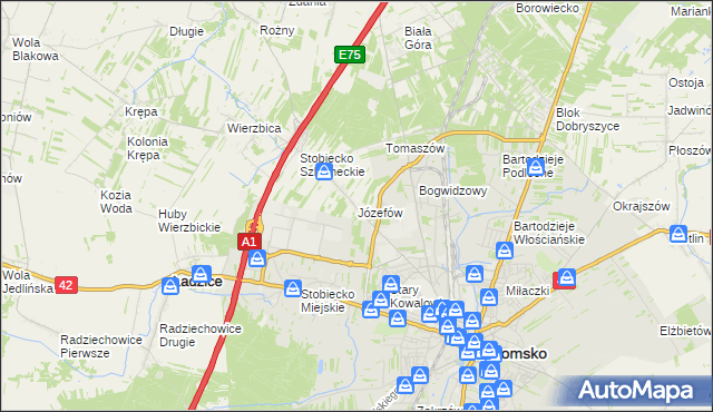 mapa Józefów gmina Ładzice, Józefów gmina Ładzice na mapie Targeo