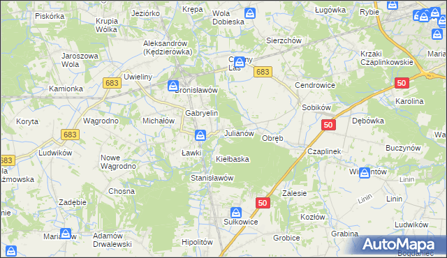 mapa Julianów gmina Góra Kalwaria, Julianów gmina Góra Kalwaria na mapie Targeo