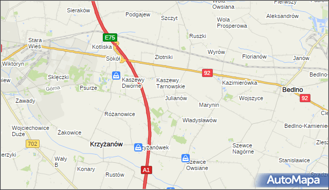 mapa Julianów gmina Krzyżanów, Julianów gmina Krzyżanów na mapie Targeo