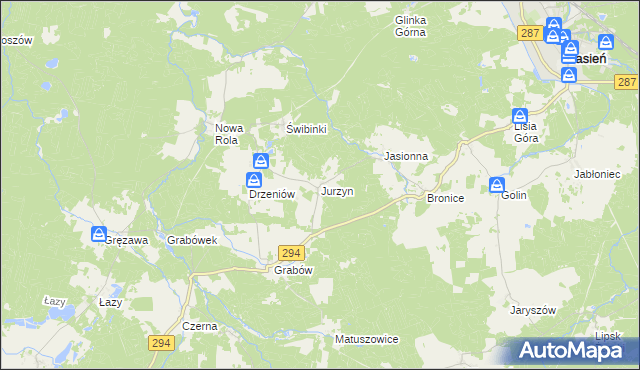 mapa Jurzyn gmina Jasień, Jurzyn gmina Jasień na mapie Targeo