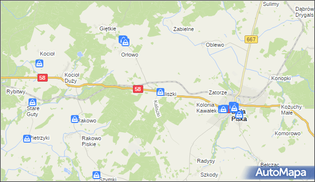mapa Kaliszki gmina Biała Piska, Kaliszki gmina Biała Piska na mapie Targeo