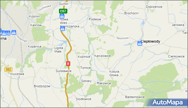 mapa Karczowice gmina Ciepłowody, Karczowice gmina Ciepłowody na mapie Targeo