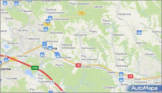 mapa Karniowice gmina Trzebinia, Karniowice gmina Trzebinia na mapie Targeo