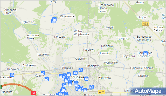mapa Karolew gmina Zduńska Wola, Karolew gmina Zduńska Wola na mapie Targeo