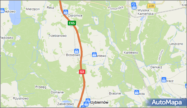 mapa Kartlewo gmina Przybiernów, Kartlewo gmina Przybiernów na mapie Targeo