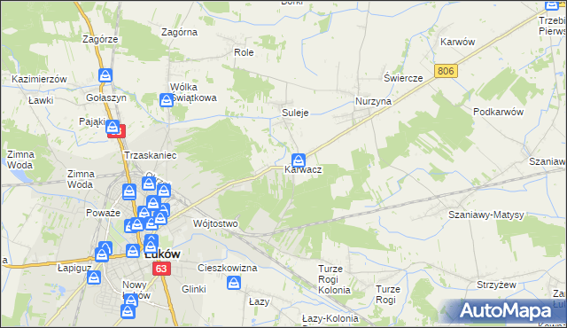 mapa Karwacz gmina Łuków, Karwacz gmina Łuków na mapie Targeo
