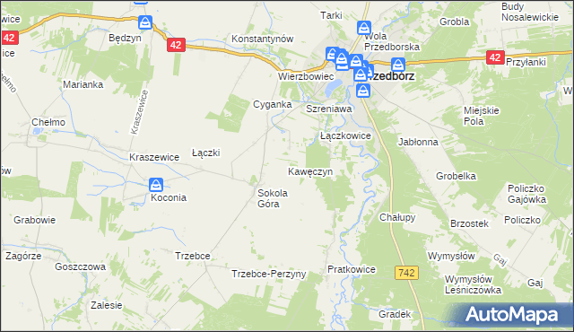 mapa Kawęczyn gmina Masłowice, Kawęczyn gmina Masłowice na mapie Targeo