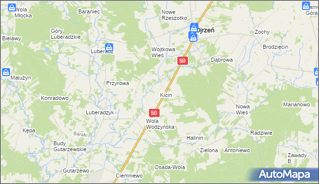 mapa Kicin gmina Ojrzeń, Kicin gmina Ojrzeń na mapie Targeo