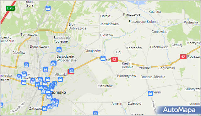 mapa Kietlin gmina Radomsko, Kietlin gmina Radomsko na mapie Targeo