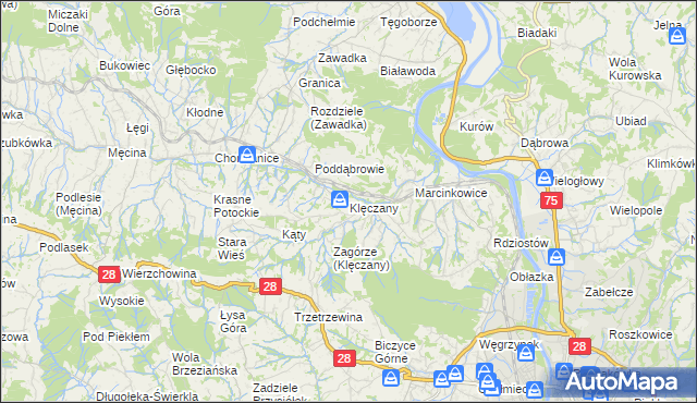 mapa Klęczany gmina Chełmiec, Klęczany gmina Chełmiec na mapie Targeo