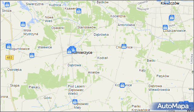 mapa Kodrań gmina Sulmierzyce, Kodrań gmina Sulmierzyce na mapie Targeo