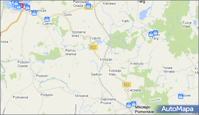 mapa Kołoząb gmina Mikołajki Pomorskie, Kołoząb gmina Mikołajki Pomorskie na mapie Targeo