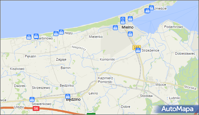 mapa Komorniki gmina Mielno, Komorniki gmina Mielno na mapie Targeo