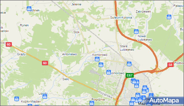 mapa Komorowo gmina Ostrów Mazowiecka, Komorowo gmina Ostrów Mazowiecka na mapie Targeo