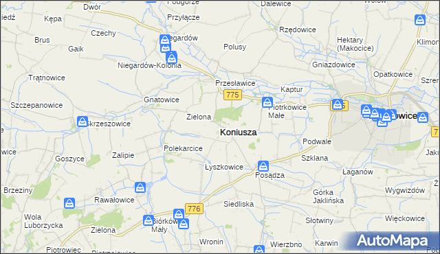 mapa Koniusza powiat proszowicki, Koniusza powiat proszowicki na mapie Targeo