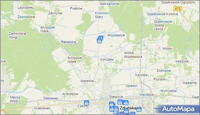 mapa Korczew gmina Zduńska Wola, Korczew gmina Zduńska Wola na mapie Targeo