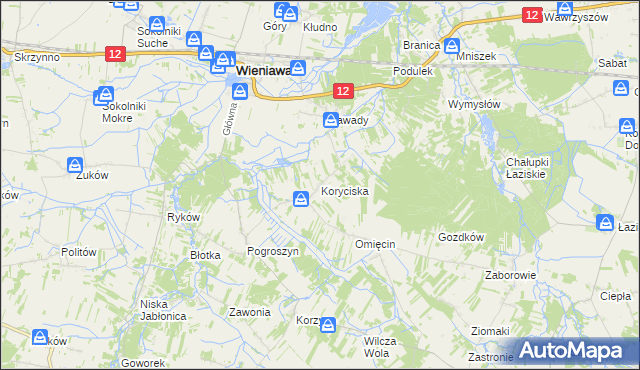 mapa Koryciska gmina Wieniawa, Koryciska gmina Wieniawa na mapie Targeo